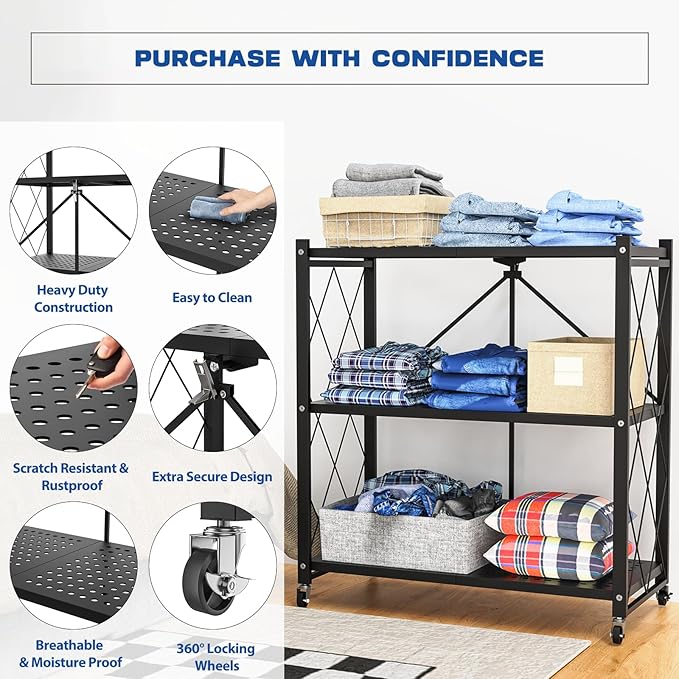 Lifetime Home 3-Tier Foldable Storage Shelf with Wheels - Metal Rack Collapsible Shelving Unit Display, Rolling Cart for Books Kitchen Storage Shelves, Pantry & Closet Organizer, Office Room Decor