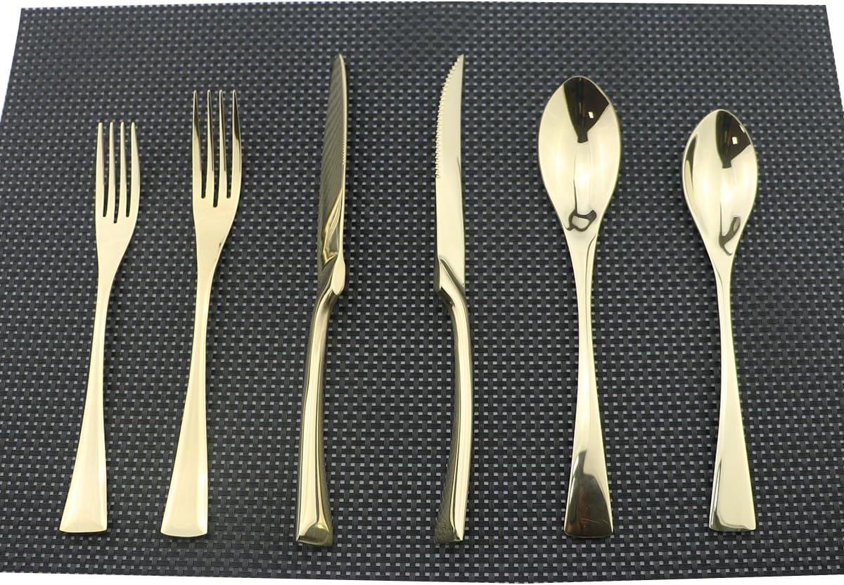 Flatware Set 18/10 Stainless Steel Mirror Polished Champagne gold Cutlery - Silverware Utensil Set of Steak Knife Dinner Fork Knife Spoon Salad Fork Dessert Spoon,6 Piece Service for 1