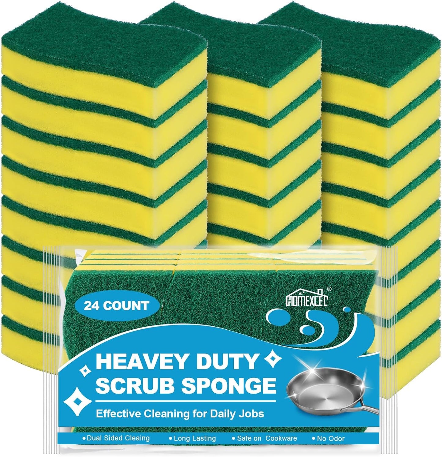 HOMEXCEL Sponges Kitchen 24pcs Heavy Duty for Dishes, Yellow Scrub Cleaning Sponge for Non-Coated Cookware, Dishes, Pots, Pans, Dual Sided Dish Sponge for Kitchen, Household, Bathroom