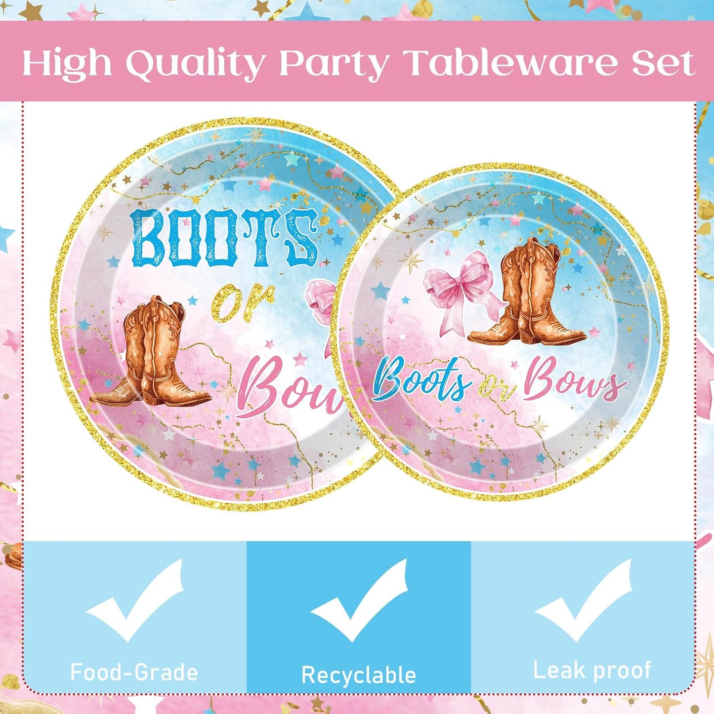 Boots or Bows Decorations - 96 Pcs Gender Reveal Party Plates Napkins Forks Tableware Set, Pink Blue Paper Disposable Party Supplies Decor Kit for Baby Shower Boy or Girl Serve 24 Guests