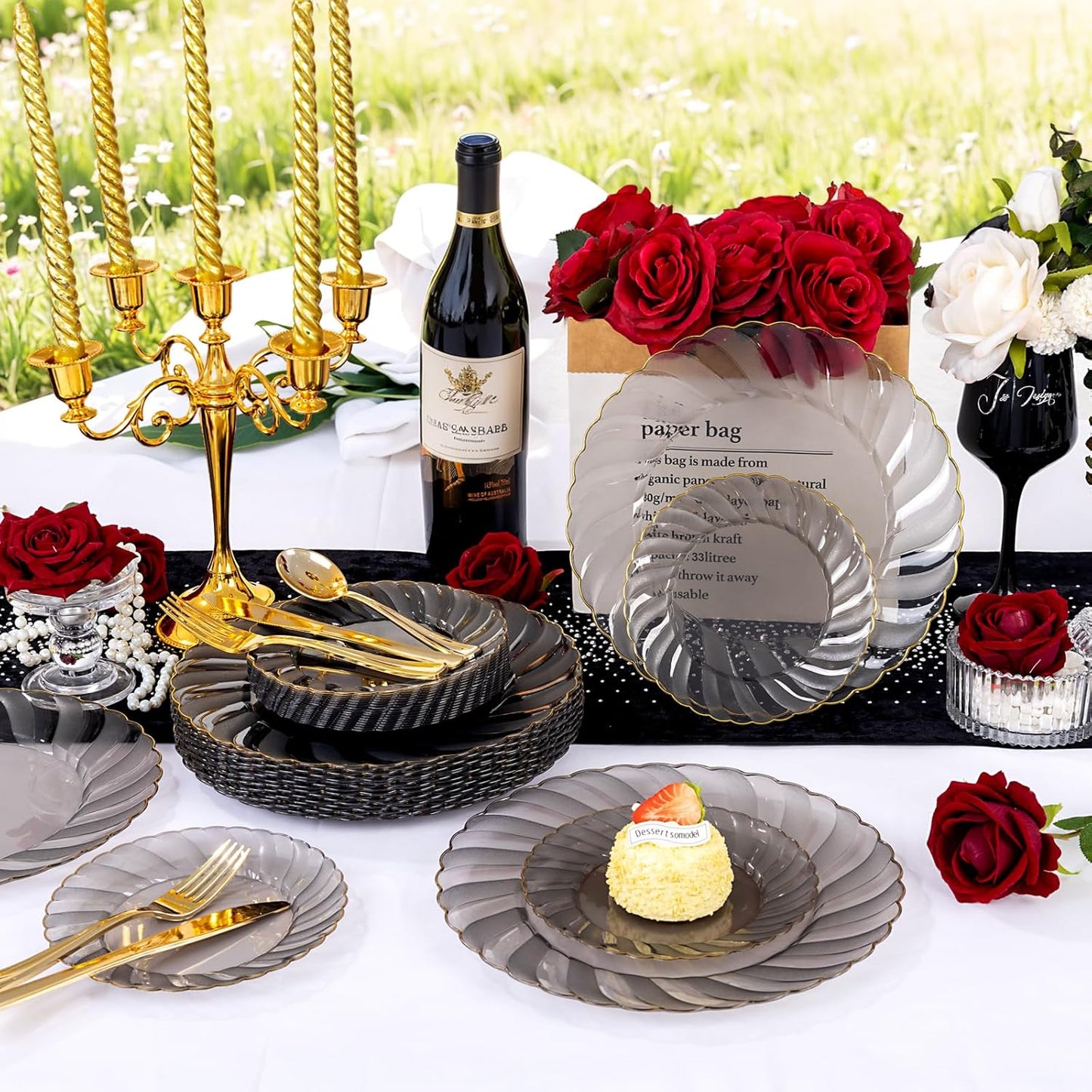 YOUBET 125PCS Clear Black Plastic Plates - Black and Gold Disposable Plates Include 50 Plate, 75 Silverware for Wedding & Party & Birthday & Halloween