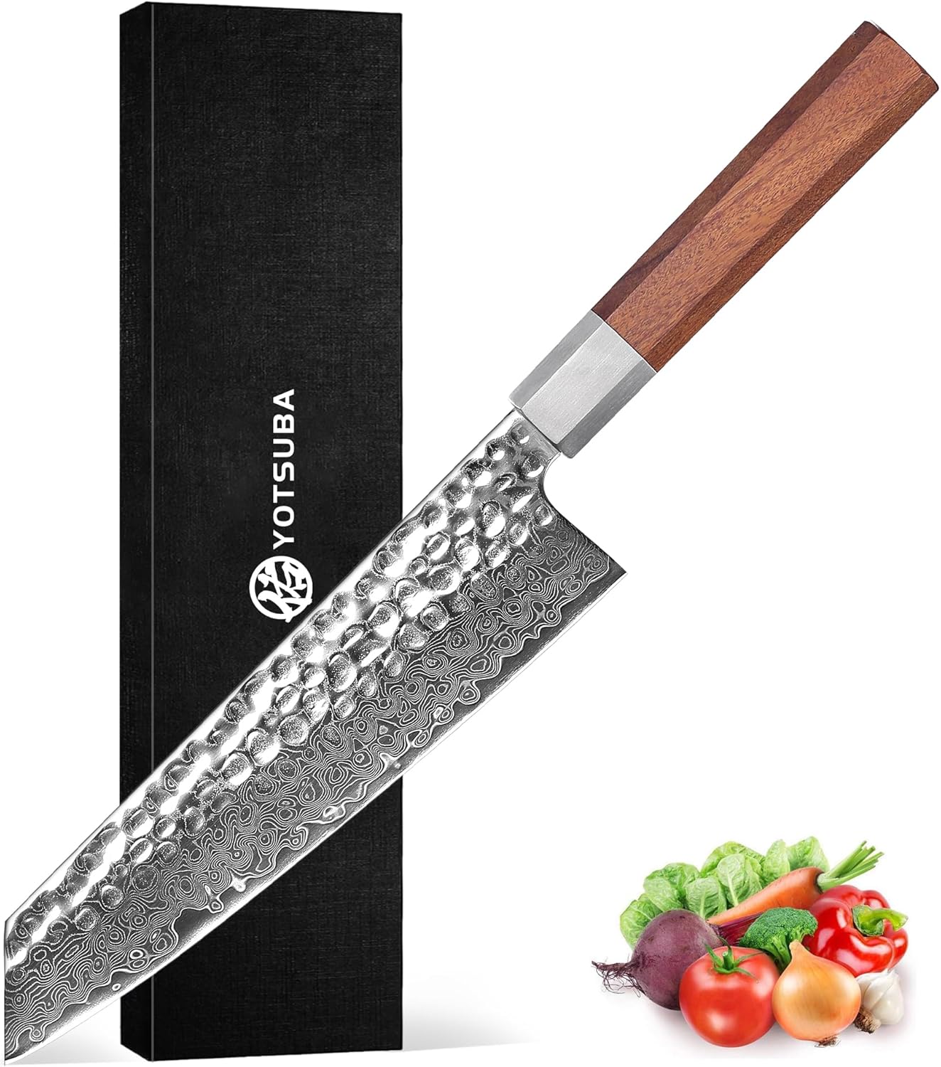 YOTSUBA 8 inch Japanese Gyuto Chef Knife,Professional Hand Forged Damascus Japanese Kitchen Knife,Ultra Sharp kitchen knives with Durable Ergonomic Wood Handle