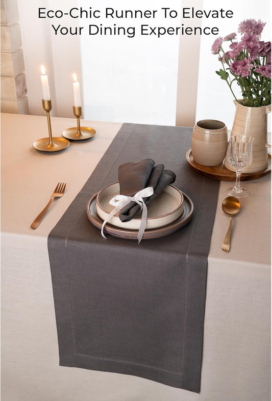 D'Moksha Homes Linen Charcoal Grey Table Runner 48 Inches - Classic Hemstitch, 100% Pure Linen Coffee Table Runner 14 x 48 Inch Ideal for Dresser Tables - Fall, Autumn and Halloween