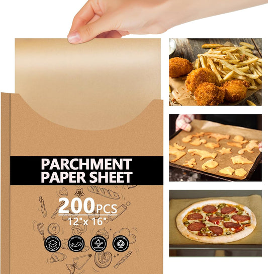 200PCS Thickened Precut Parchment Paper Sheets, 12×16 In Heavy Duty Non-Toxic & Unbleached Parchment Baking Paper for Baking, Grilling, Non-Stick & Comes in Convenient Packaging, Brown