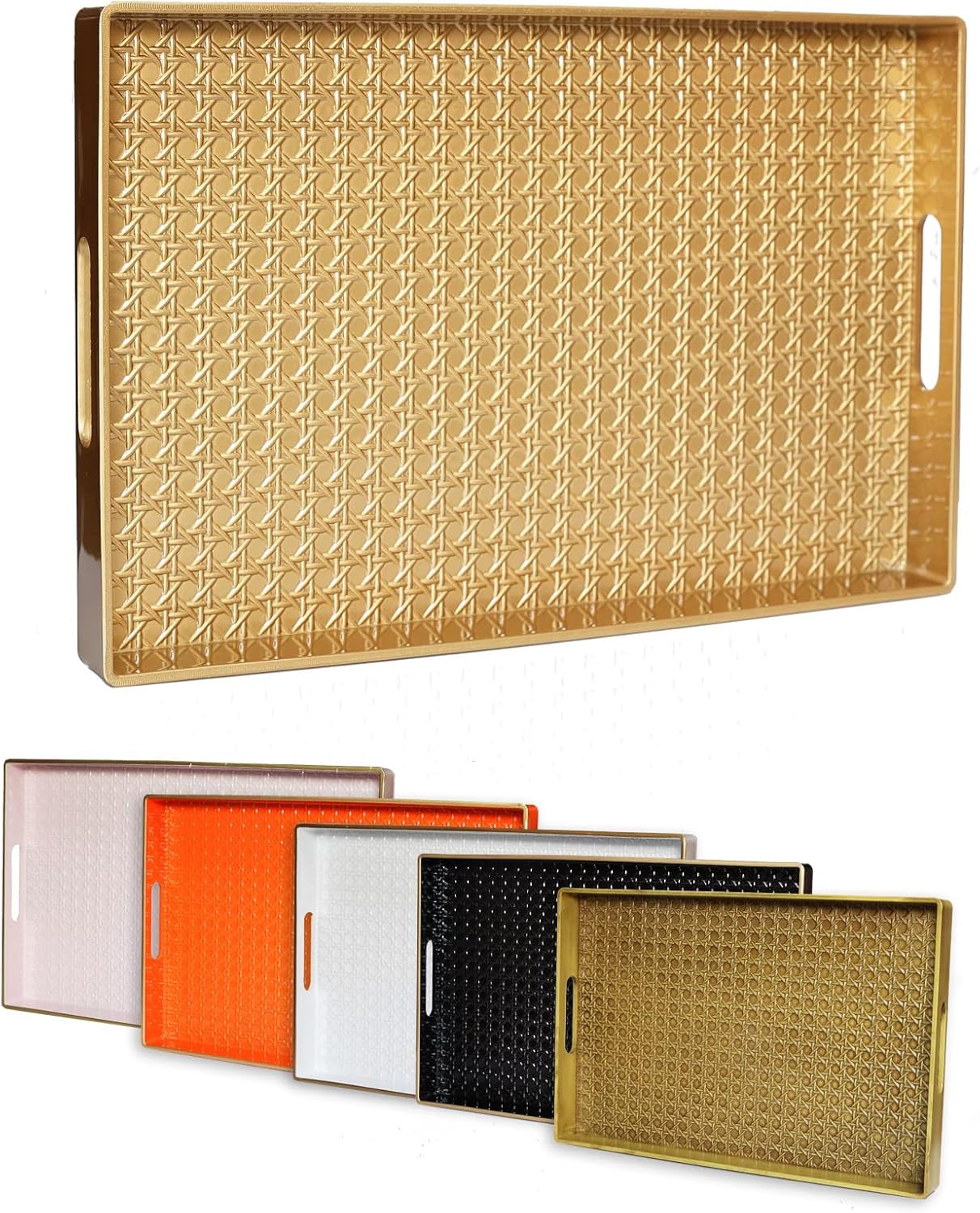 Gold Decorative Coffee Table Tray, Rectangular Plastic Serving Tray with Handles for Living Room, Ottoman, Bathroom, 15.7"*10.2"