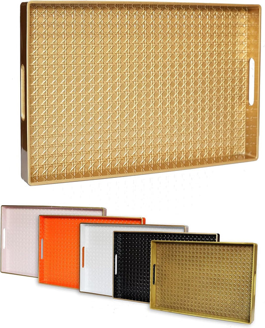 Gold Decorative Coffee Table Tray, Rectangular Plastic Serving Tray with Handles for Living Room, Ottoman, Bathroom, 15.7"*10.2"