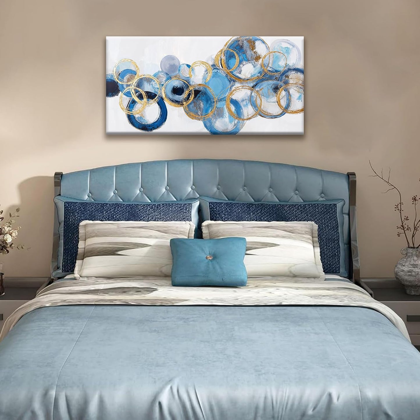Suconvng Canvas Wall Art Decor Artwork Modern Paintings Abstract Wall Decor Maximalist Blue Gold Circle Abstract Wall Art Prints Picture For Bedroom Kitchen Office Artwork Ready To Hang 20" × 40"