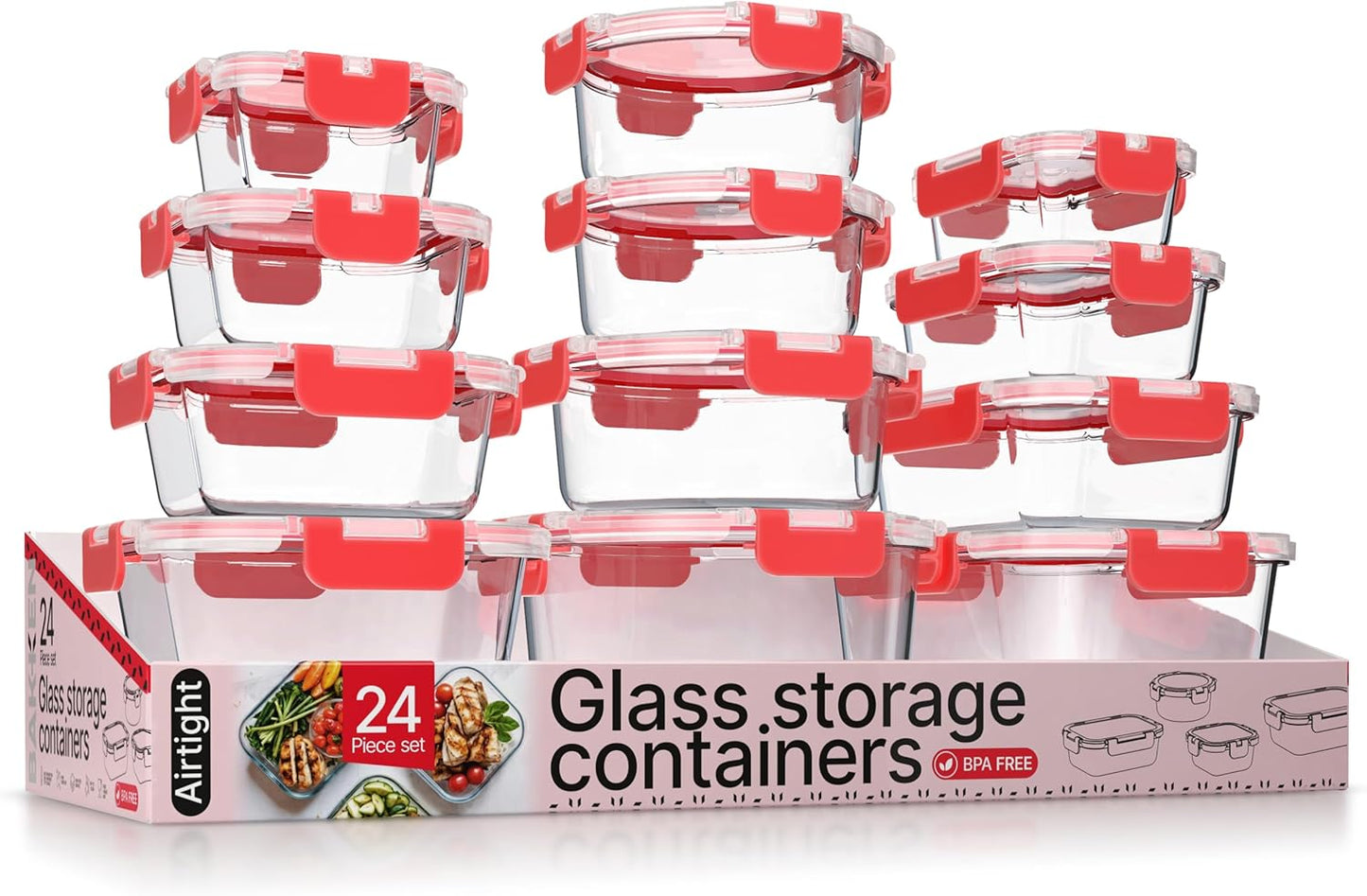 Bakken Borosilicate Glass Food Storage Containers with Lids 24 Pieces, BPA-Free Stackable Lunch & Leftover Containers, Microwave, Freezer & Dishwasher Safe, 100% Airtight Leak-Proof, Red