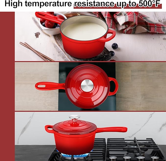 3 Quart Saucepan with Lid, Leonyo Enameled Cast Iron Sauce Pot, Large Enamel Cast Iron Dutch Oven Kitchen Cookware for All Cooktops Cooking Pasta, Soup, Milk - Up to 500°F & 8bs, Red