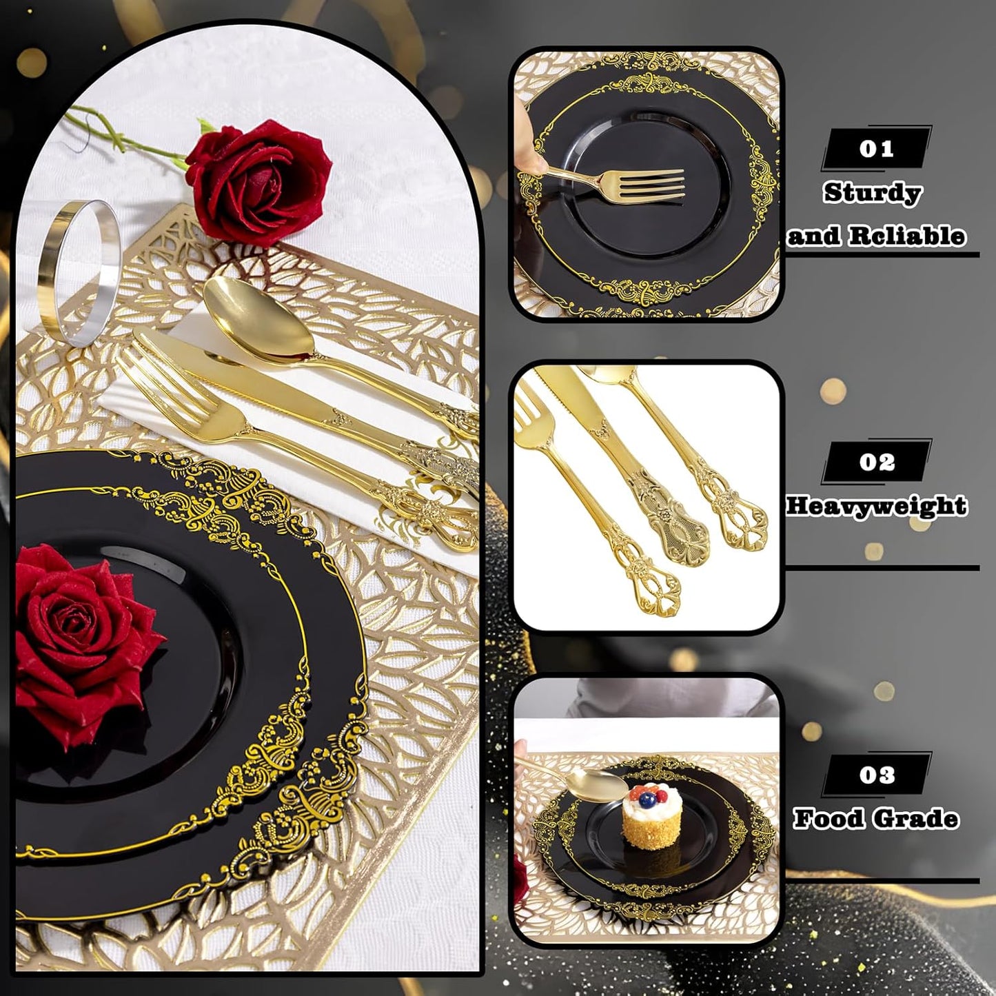YOUBET 700PCS Black Plastic Plates - Black and Gold Plates - Gold Plastic Dinnerware Set Include 200 Disposable Plate, 300 Heavy Duty Silverware, 100 Cups, 100 Napkins for Wedding & Party & Halloween