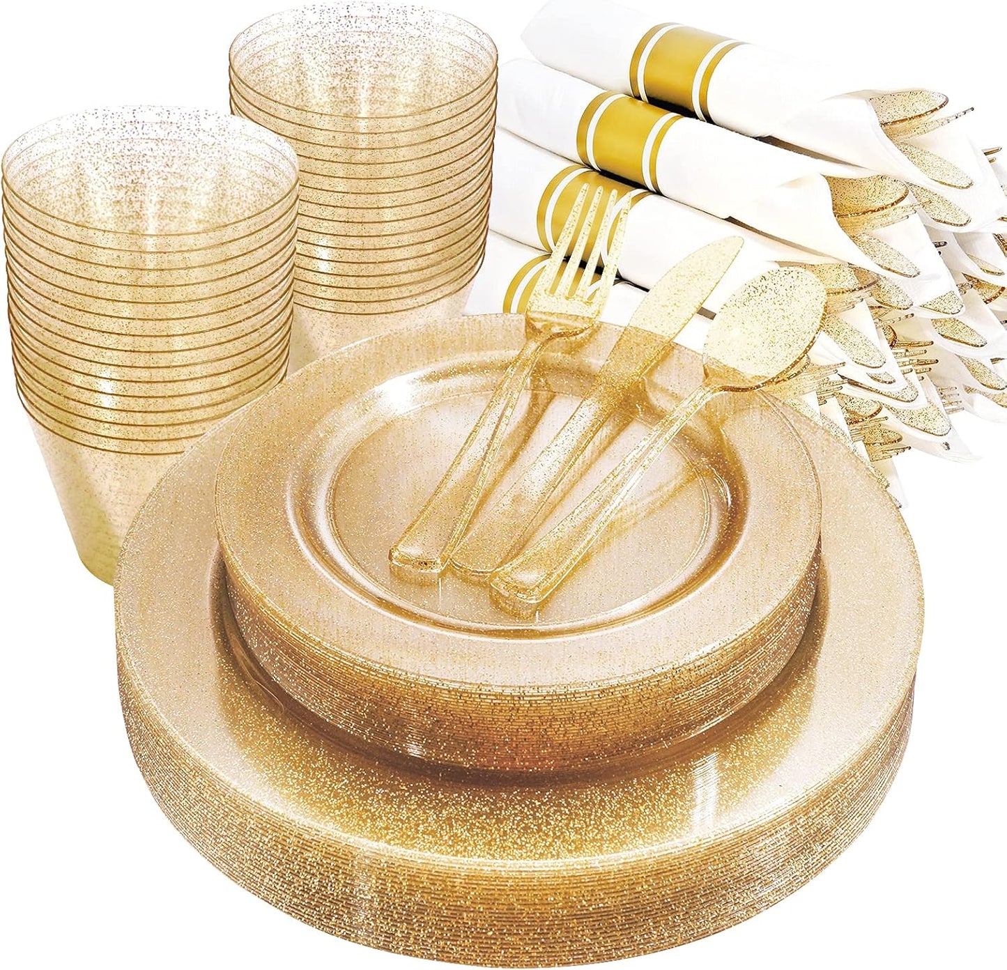 DaYammi 112Pcs Gold Glitter Plastic Plates,Gold Disposable Dinnerware-Thanksgiving Plastic Plates Includes 16 Dessert Plate,16 Dinner Plate,16 Per Rolled Napkins with Cutlery and Cups for Party