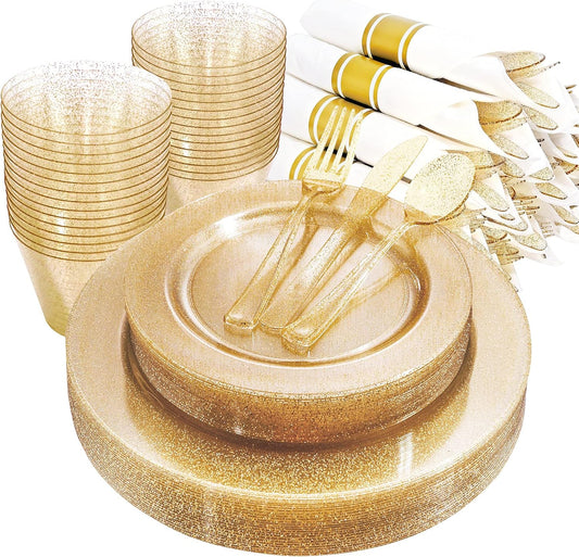 DaYammi 112Pcs Gold Glitter Plastic Plates,Gold Disposable Dinnerware-Thanksgiving Plastic Plates Includes 16 Dessert Plate,16 Dinner Plate,16 Per Rolled Napkins with Cutlery and Cups for Party