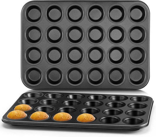 E-far 2 Pack Mini Muffin Pan - Nonstick 24-Cup Carbon Steel Cupcake Tin Tray for Little Bites & Freezer Prep | Warp-Free Bakeware Ensures Even Baking & Effortless Release, Regular Size & Oven Safe
