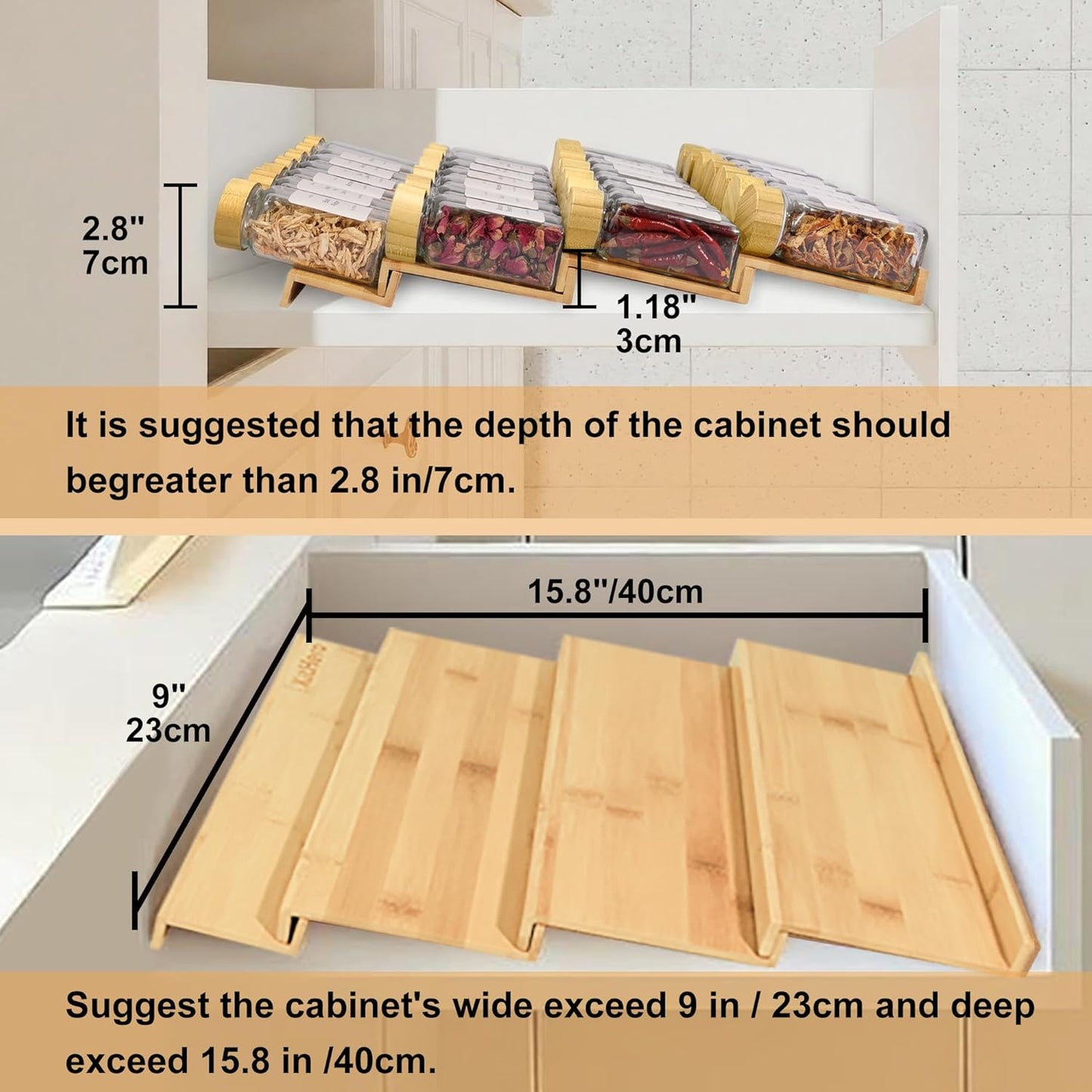 Spice Drawer Organizer with 18 Bamboo-lidded Spice Jars,216 Labels,50 Non-slip Rubber, Bamboo 4 Tier Seasoning Rack Tray Insert for Kitchen Drawers,Cabinets,Countertop,9" Wide x 15.8" Deep