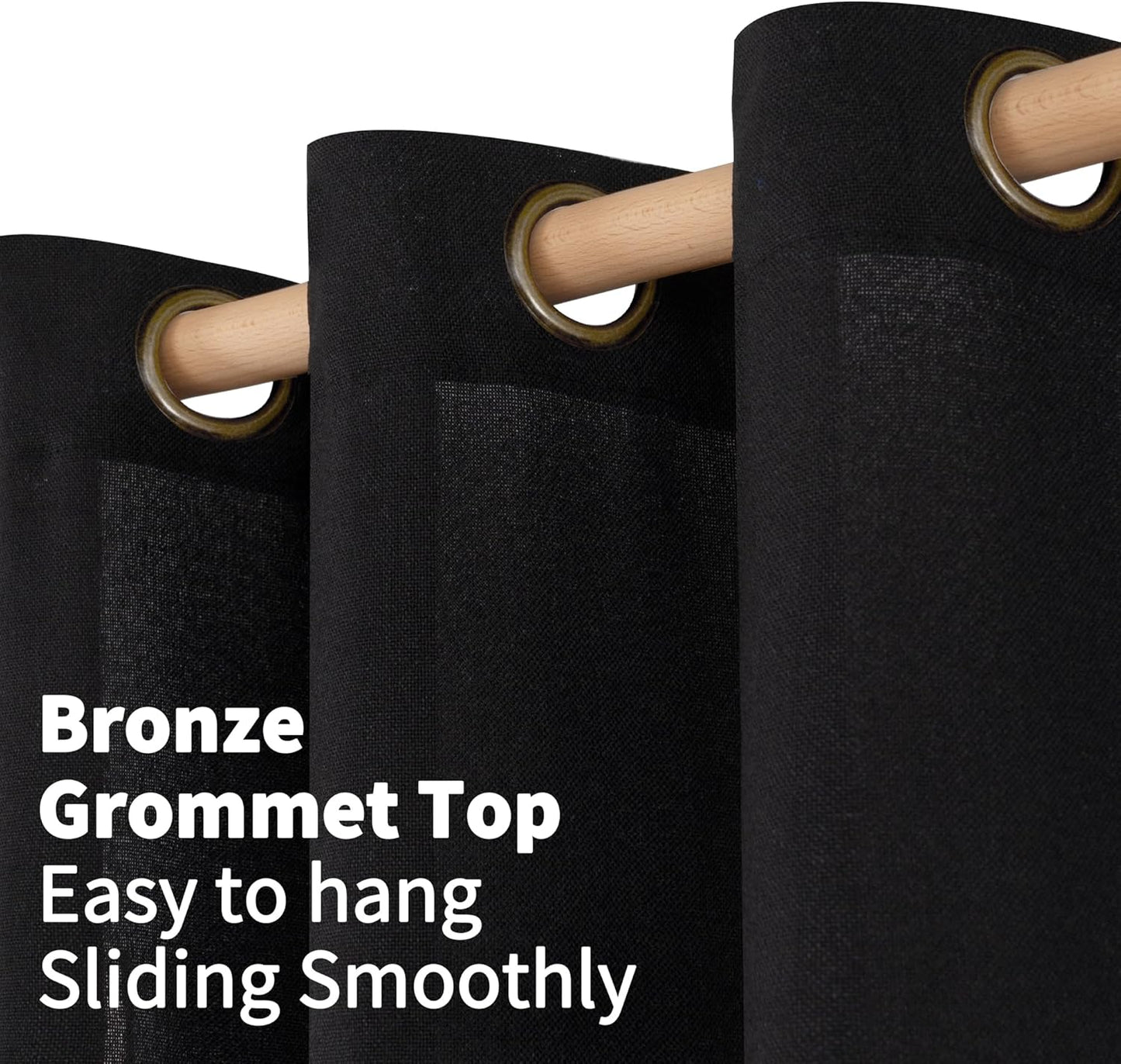 YoungsTex Black Linen Curtains 54 Inch Length for Short Window, Semi Sheer Drapes with Bronze Grommet Light Filtering Privacy for Kitchen Living Room, 42 x 54 Inch, 2 Panels