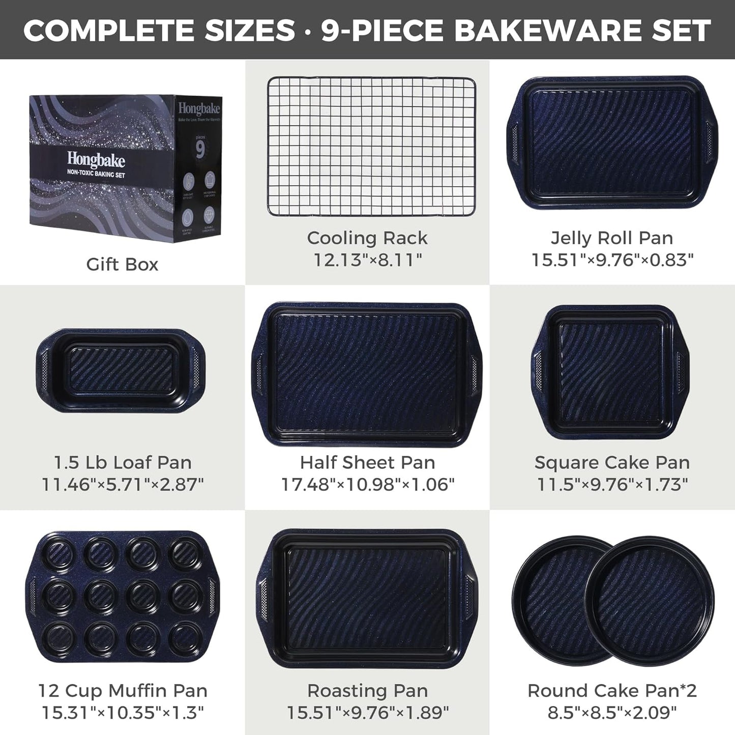 HONGBAKE 9-Piece Baking Pans Set with Wave Texture, 0.8mm Thick Bakeware Sets Non Stick, Includes Stackable Cookie Sheets for Oven Cooking, Cake Pan, Muffin Pan, Loaf Pan, Roasting Pan, Rack, Blue