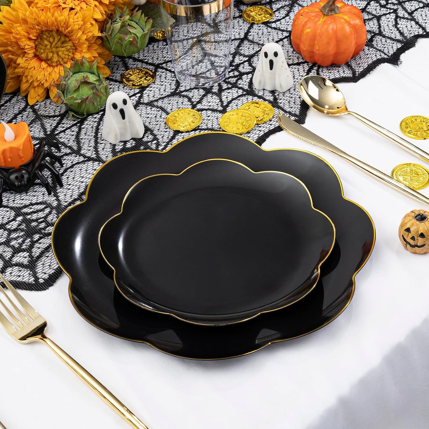 EI 180pcs Black Plastic Plates with Gold Plastic Silverware,Black and Gold Plates Disposable,Heavy Duty Plate for Party,Wedding,Anniversary,Halloween