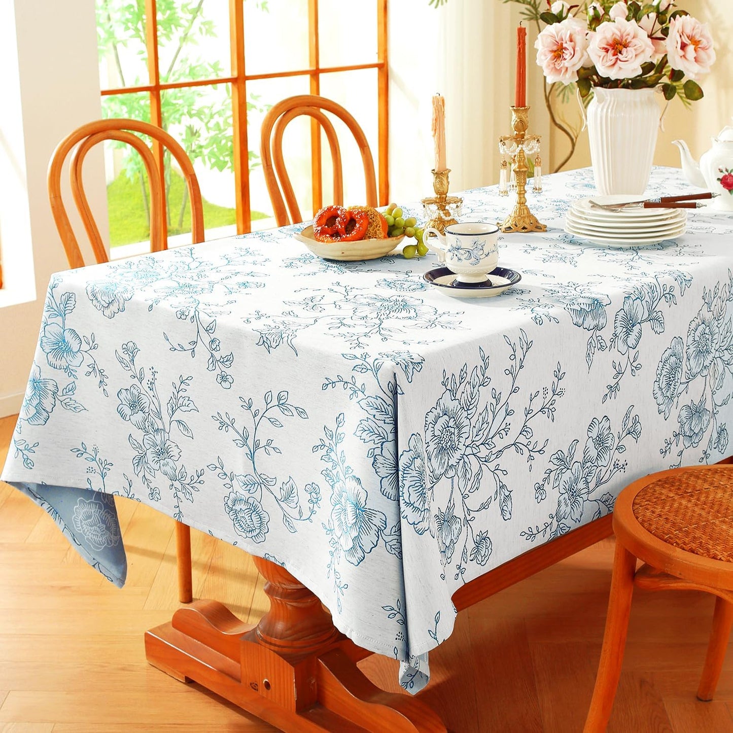 Chassic Premium Vintage Farmhouse Damask Floral 60 x 84 inch Rectangle Table Cloth – Water Resistant Linen Textured Jacquard Tablecloth for Kitchen Dining & Picnic Decor - Blue