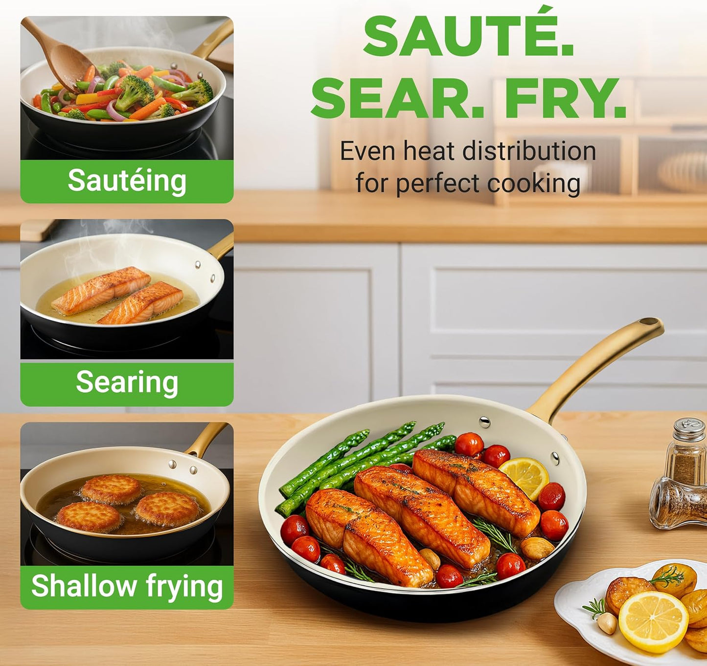 NutriChef 12-Inch Professional Ceramic Frying Pan - Large Skillet with Golden Titanium Handle, Non-Stick Ceramic Coating, Stain-Resistant, Easy to Clean, Ideal for Home Cooking