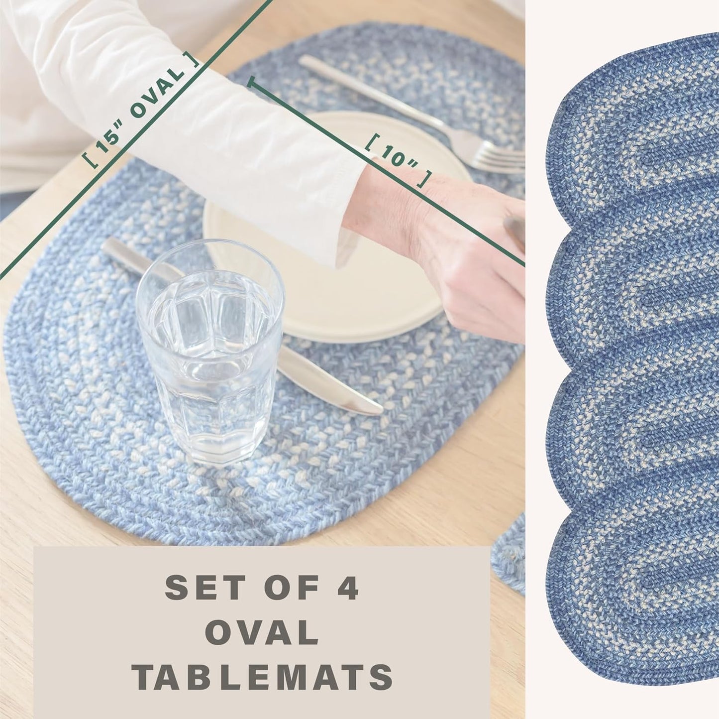 Homespice Denim Premium Jute Braided Placemat Set of 4 Oval 10x15 Blue, Navy, White Reversible, Natural Jute Yarn Rustic, Country, Primitive, Farmhouse Style