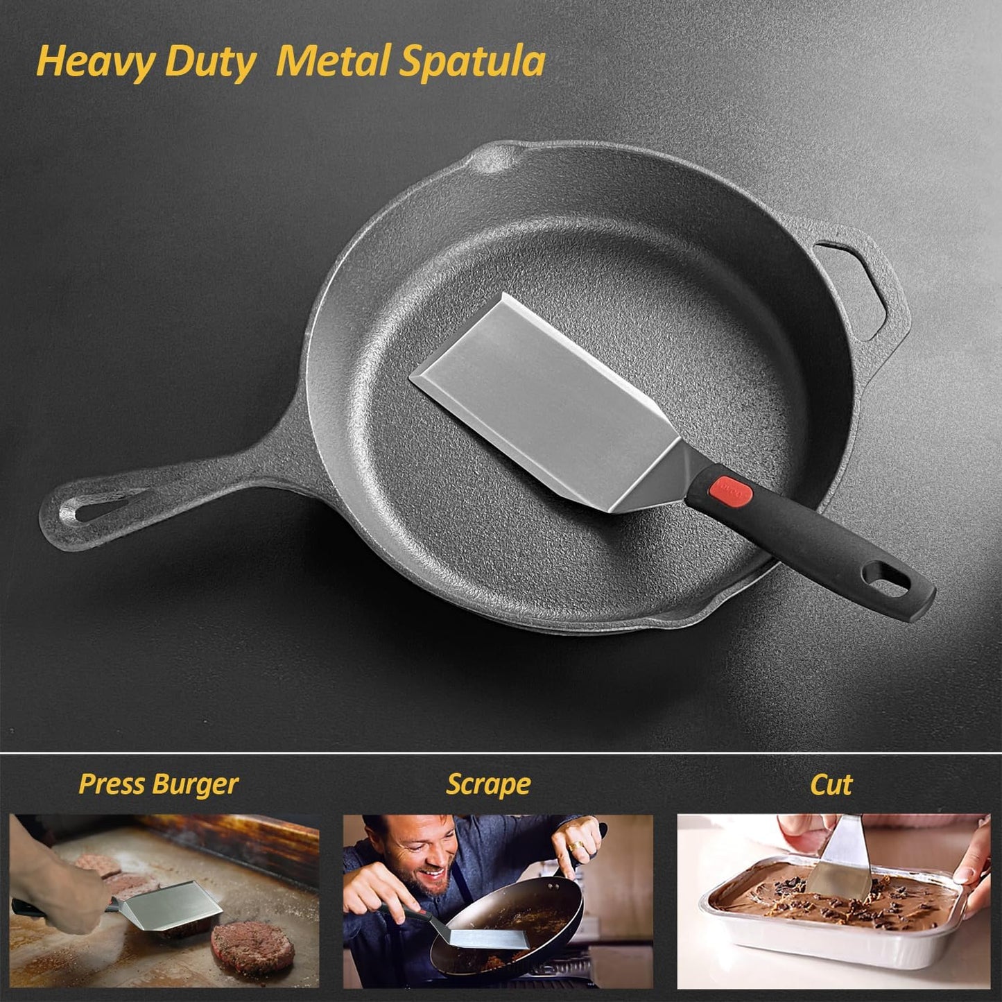 Stainless Steel Spatula Set with Heat Resistant Silicone Handle, VOVOLY Metal Spatulas For Kitchen Use, Thickened Smash Burger Spatula, Fish Flipper, Bench Scraper
