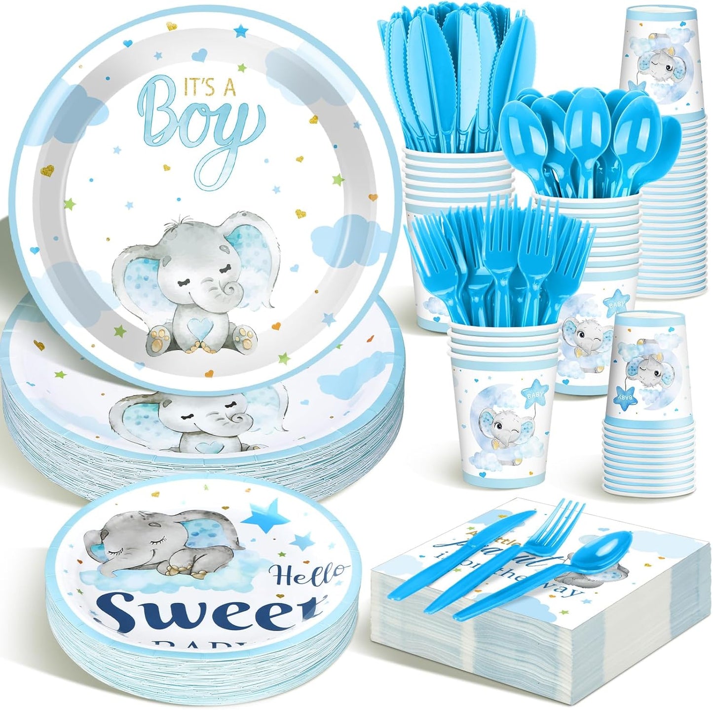 Dandat 350 Pcs Baby Shower Plates Set Baby Shower Party Supplies Serves 50 Tableware Sets Include Plates Napkin Cup Forks Knives Spoons Disposable Dinnerware(Elephant,Blue)