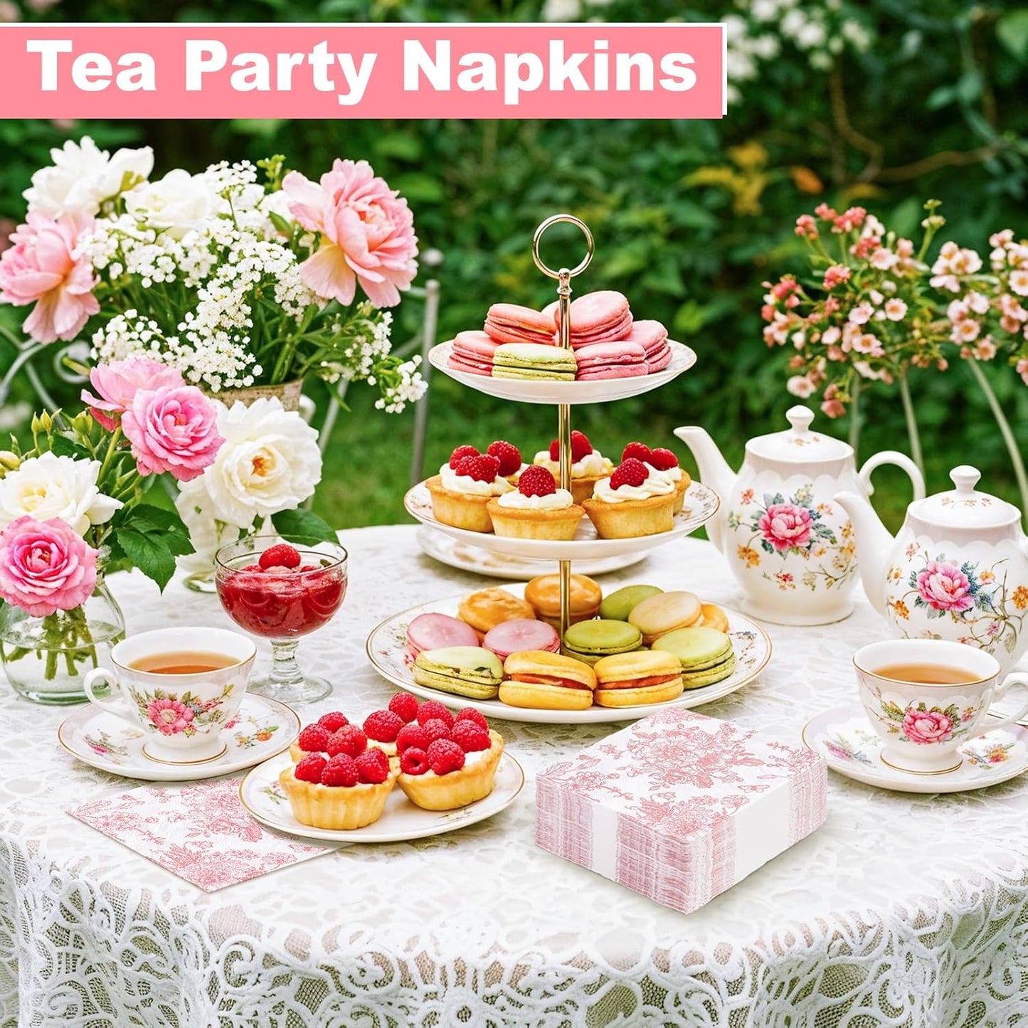 100 Pcs Pink Floral Napkins, Pink and White Toile Cocktail Napkins Vintage Flower Butterfly Design Cute Decoupage Napkin for Wedding, Bridal Baby Shower, Tea Party, 5 x 5 Inch