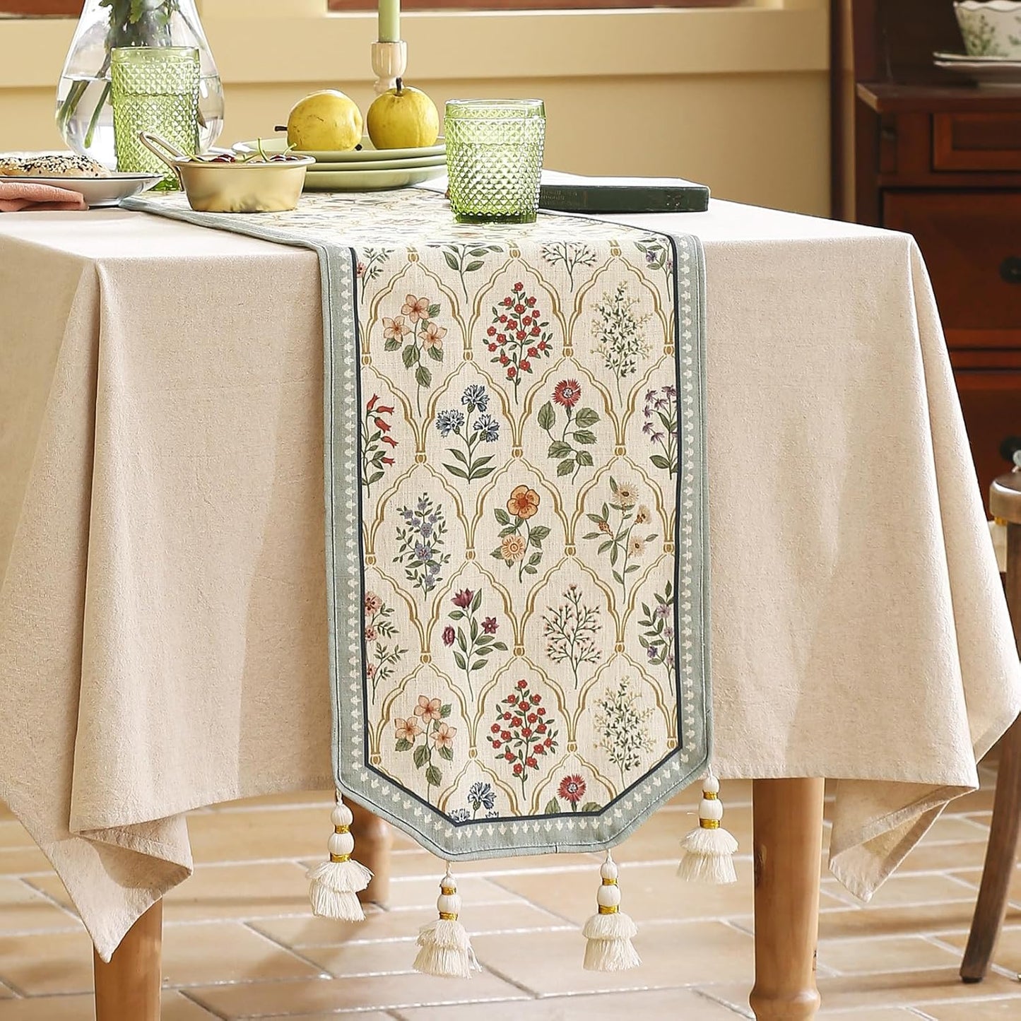 ISAENNE Designer Vintage Elegant Linen Table Runner 102 Inches Long,Colorful Wildflower Pattern Runner,Decor Table Runners for Dining Tables,Thanksgiving,Christmas,Banquet,12"*102"-Serenity B