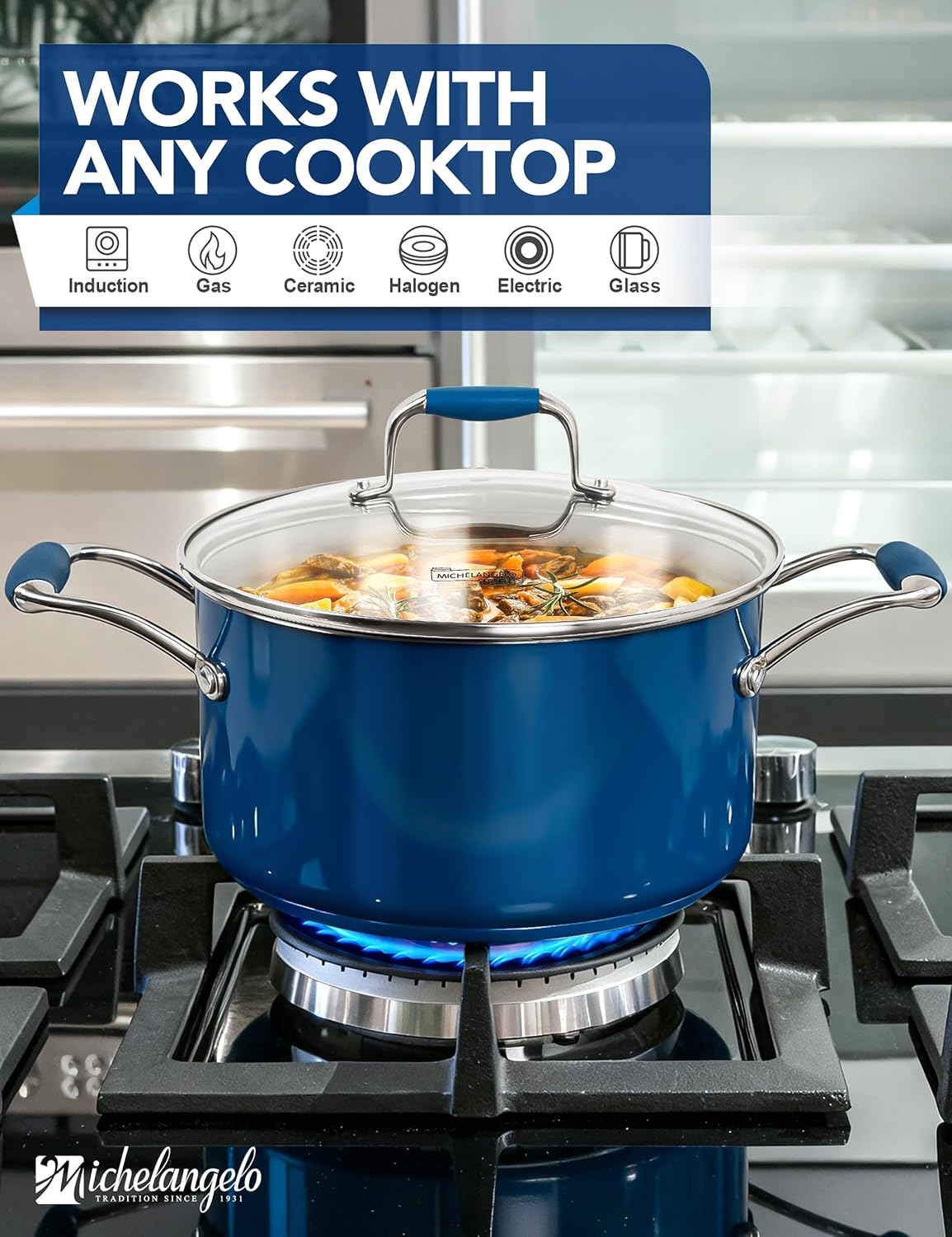MICHELANGELO Stainless Steel Stock Pots - Induction Soup Pot with Lid, 6 Qt Non-Toxic Cooking Pot, Oven & Dishwasher Safe, Blue Exterior