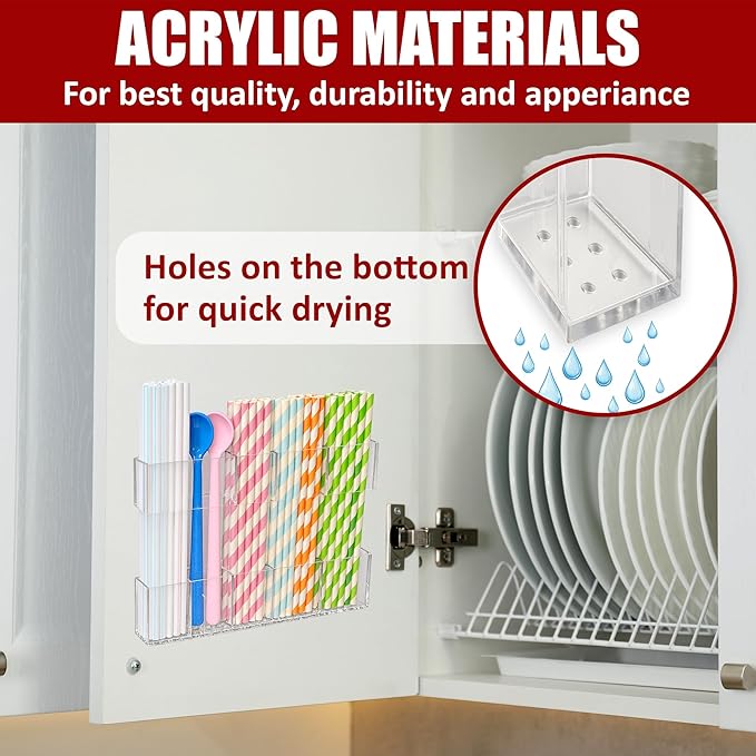 Acrylic Straw Holder for Cabinet Door or Countertop - Clear Organizer & Dispenser for Reusable Tumbler Straws, Space-Saving Kitchen Accessories, Cupboard or Pantry Storage, Strong Adhesive