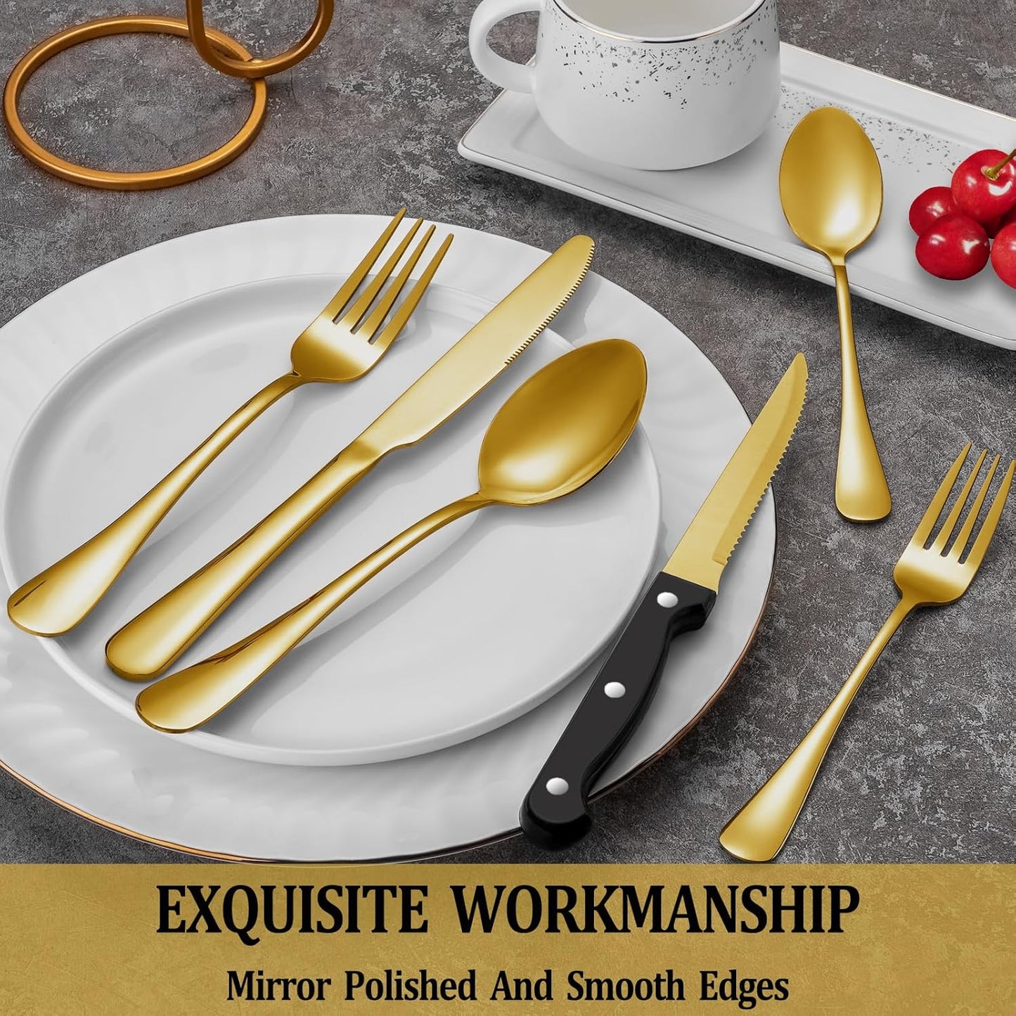 72 Pcs Gold Silverware Set with Steak Knives, Stainless Steel Flatware Cutlery Set Service for 12, Kitchen Tableware Set, Utensil Set for Home and Restaurant, Knives Forks Spoon Set, Dishwasher Safe