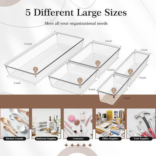 Criusia 11 PCS Clear Plastic Drawer Organizer Set - 5 Large Size Versatile Kitchen and Bathroom Organizer Trays, Non-Slip Storage Bins for Makeup, Utensils, Tool and Office Desk