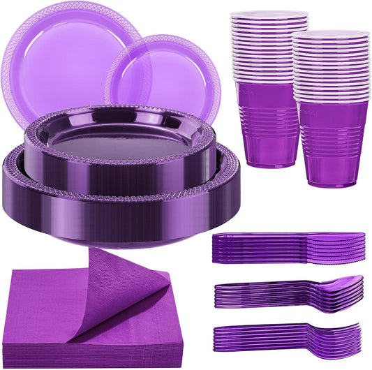 WELLIFE 210Pcs Purple Plastic Plates,Clear Purple Plastic Dinnerware Set,Party Supplies Including Clear Plates, 12OZ Cups, plastic Cutlery and Napkins Serve 30 Guests, Disposable Plates for Party