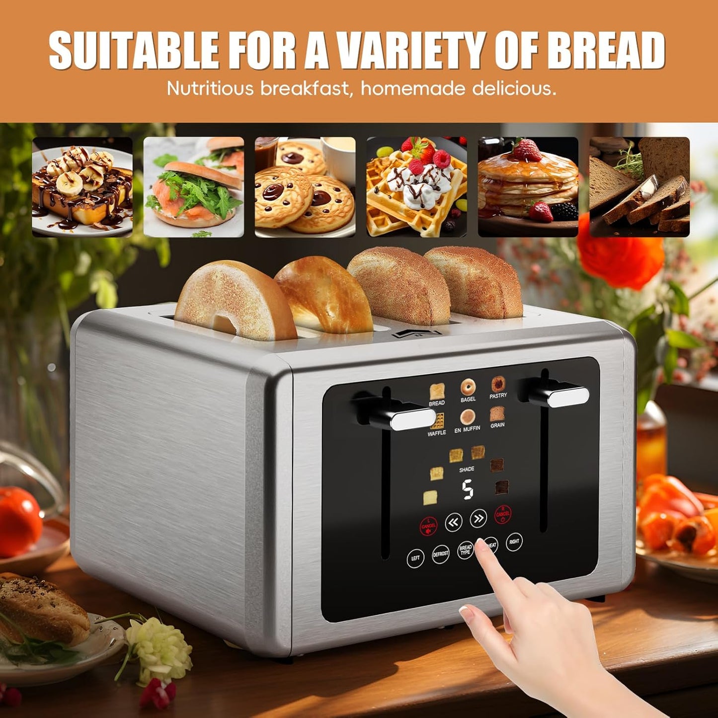 Touch screen Toaster 4 slice,Stainless Steel Digital Timer Toasters with Sound/Screen-Off Function,6 Bread Types & Shade Settings,Smart Extra Wide Slots Toaster with Bagel,Defrost,Silver