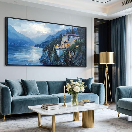 QZQCBLC Large Wall Art Bedroom, Blue Mountains Lake Houses Green Trees Landscape Framed Oil Paintings Canvas Printi Artwork for Living room Home Kitchen Office Pictures Wall Decor 29x58 IN