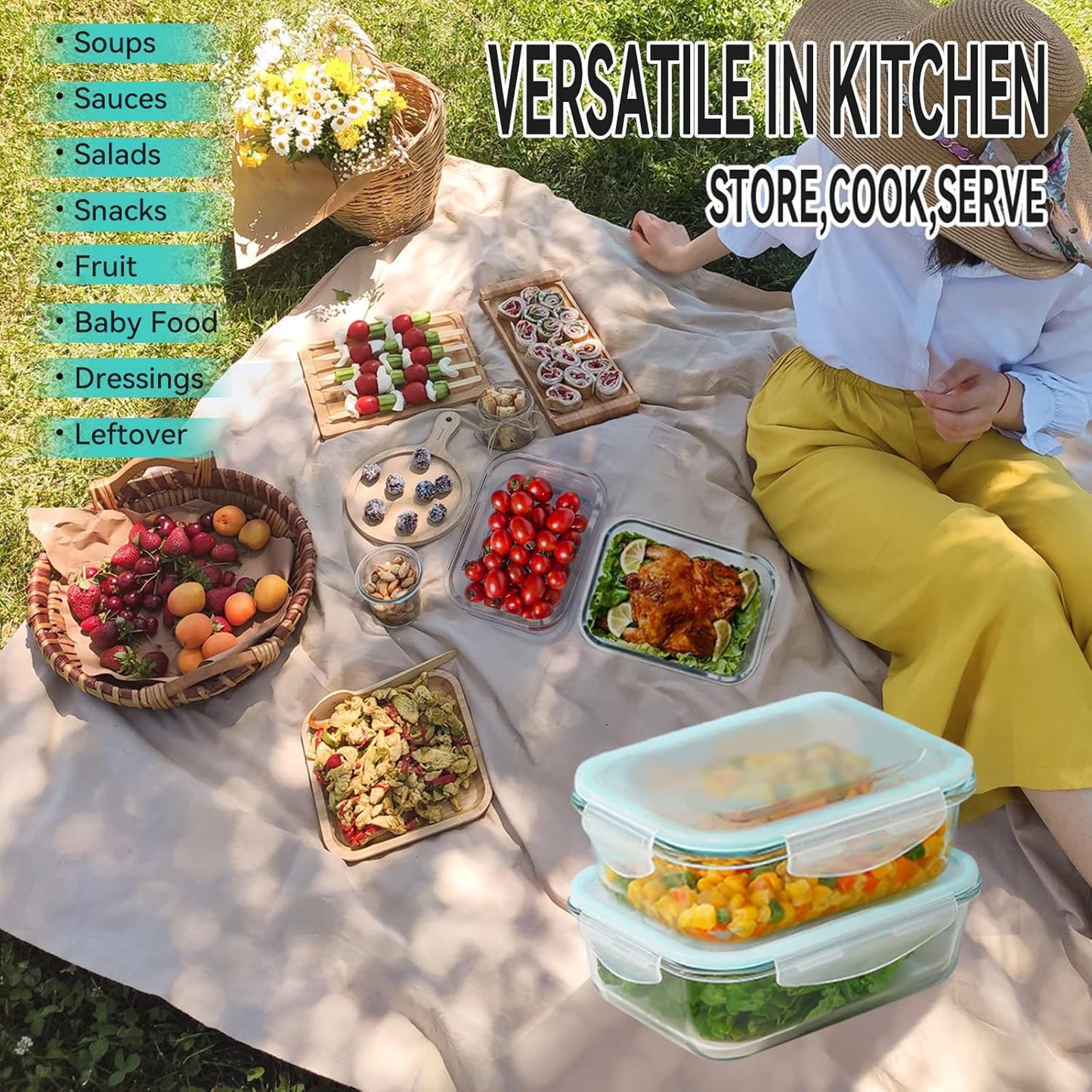 Luvan 60oz Large Glass Food Storage Containers with Lids,Glass Meal Prep Containers/Bento Boxes/Lunch Containers,BPA Free & Leak-Proof for Microwave,Oven,Freezer and Dishwasher Safe(2Pcs)