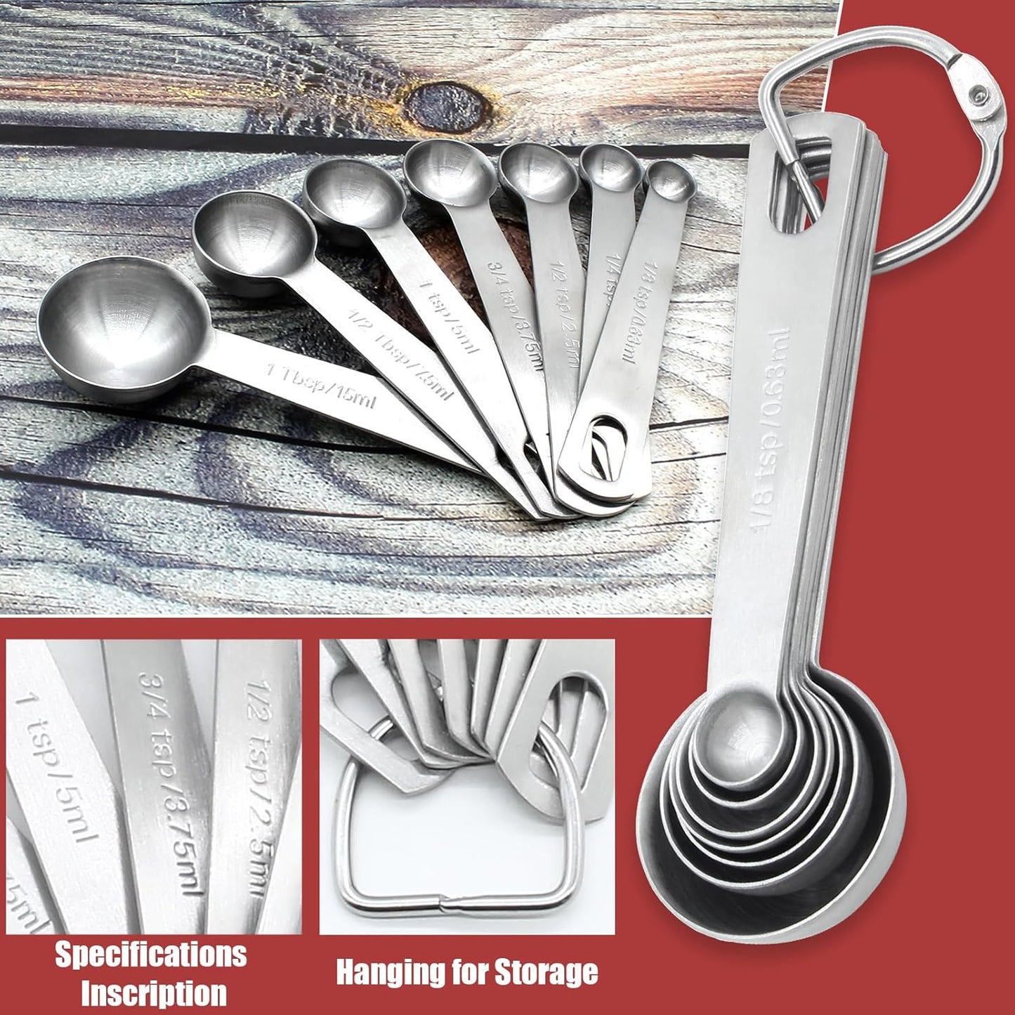 Luomorgo 7 Pcs/Set Measuring Spoons Set, Stainless Steel Measuring Spoons & Tablespoons, 1/8 tsp, 1/4 tsp, 1/2 tsp, 3/4 tsp, 1 tsp, 1/2 tbsp, 1 tbsp for Measuring Dry and Liquid Ingredients