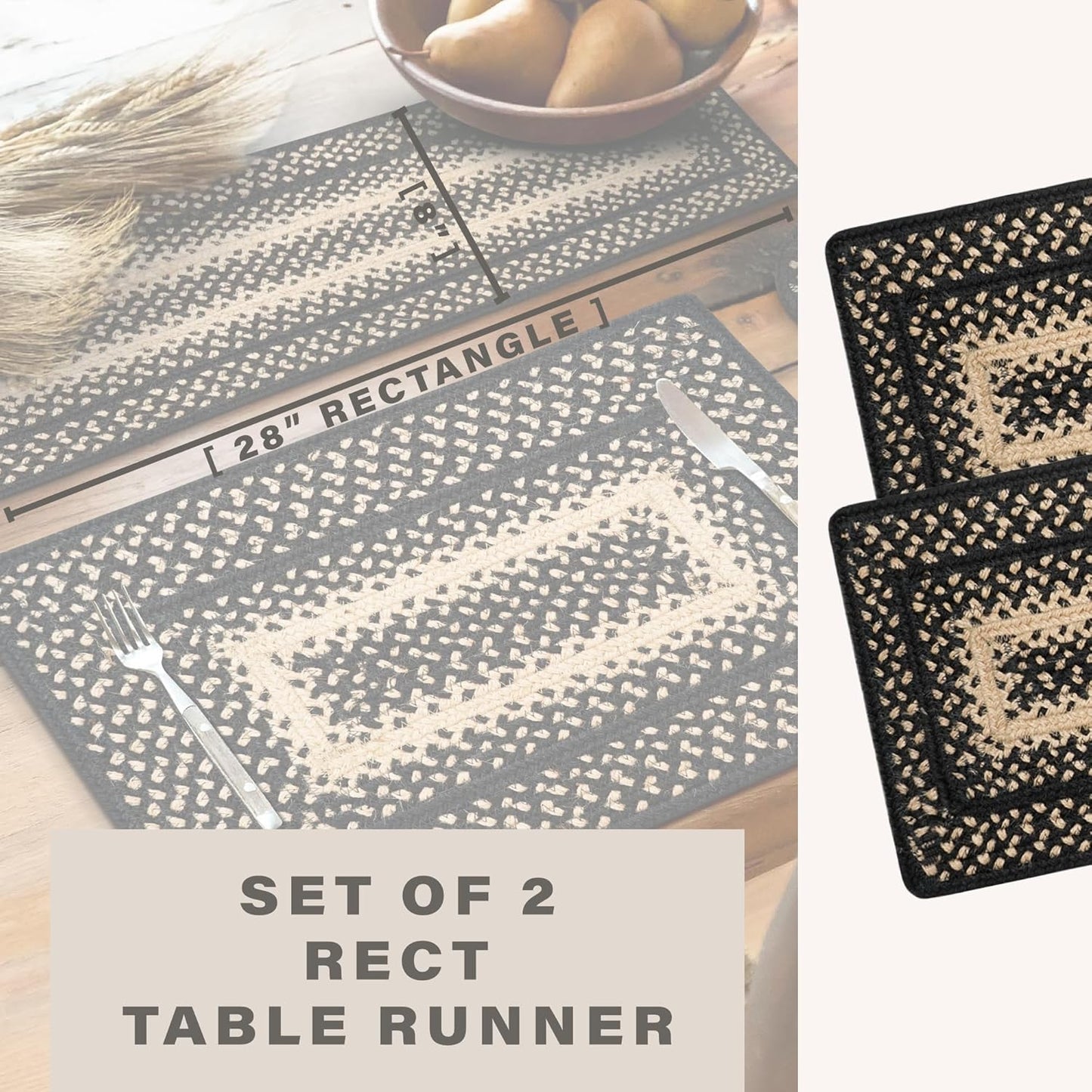 Homespice Manchester Dinner Table Runner Set of 2-8"x28", Rectangle, Black & Tan - Hand Braided with Jute - Rich Colors, Easy to Clean, Durable and Protects Furniture