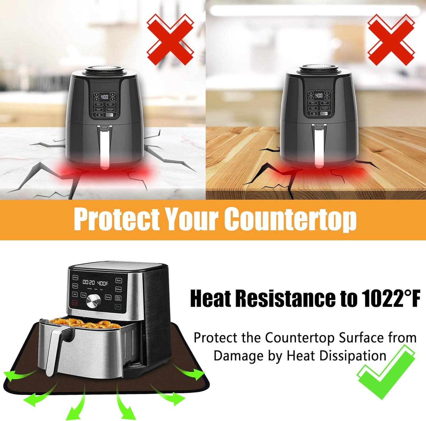 Heat Resistant Mat for Air Fryer, 15 x 18in Countertop Protector, Fireproof Silicone Appliance Slider for Coffee Maker, Toaster, Oven - Brown