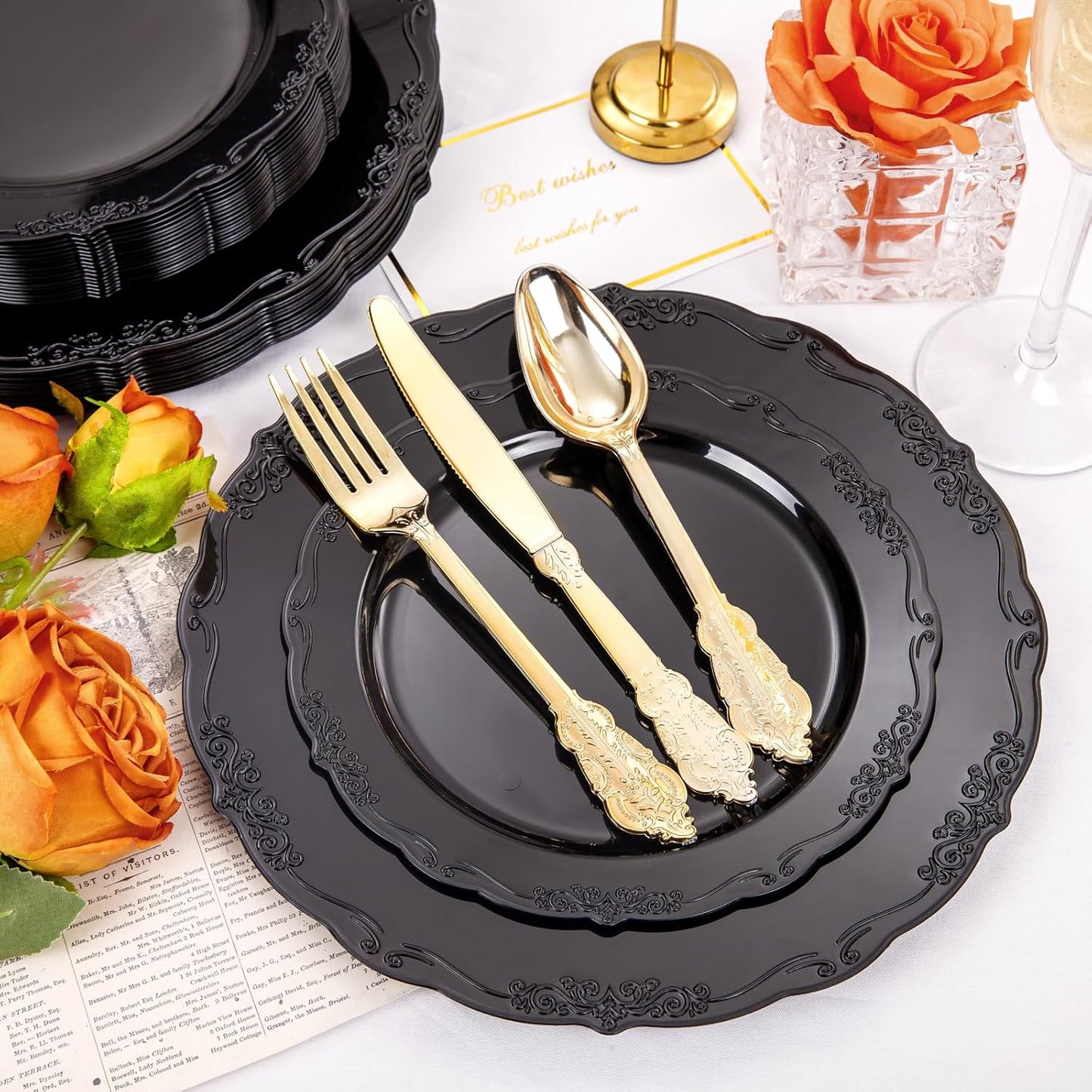 DaYammi 150Pcs Black Plastic Plates & Gold Plastic Silverware,Black Disposable Plates Set Include 30 Dinner Plate, 30 Dessert Plate,30 Golden Knives,30 Gold Forks,30 Golden Spoons for Halloween Party