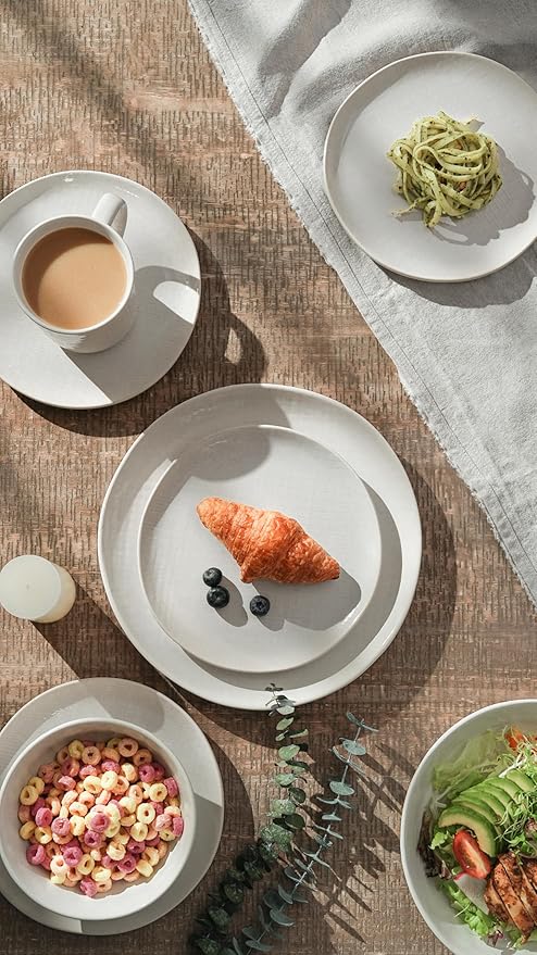 Famiware Moonlight Plates and Bowls Sets, 24 Pieces Stoneware Dinnerware Sets with Linen Finish, Dishware set for 8, Microwave and Dishwasher Safe, Chip and Scratch Resistant, White