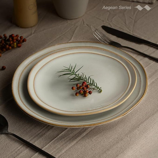 Famiware Aegean Stoneware Dinnerware Set for 4, Plates and Bowls Sets, 12-Piece Scratch-Resistant Dinner Plate Set, Handmade Irregular Round Dishes - Microwave and Dishwasher Safe, Cappuccino White