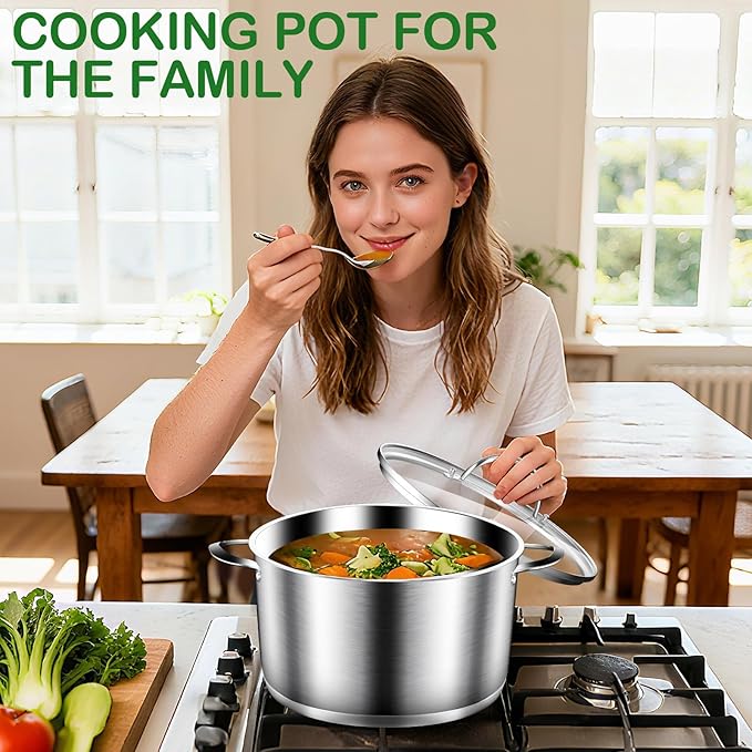 Cooking Pot, Stainless Steel Stock Pot, Soup Pot with Glass Lid, Induction Pots - 8 Quart