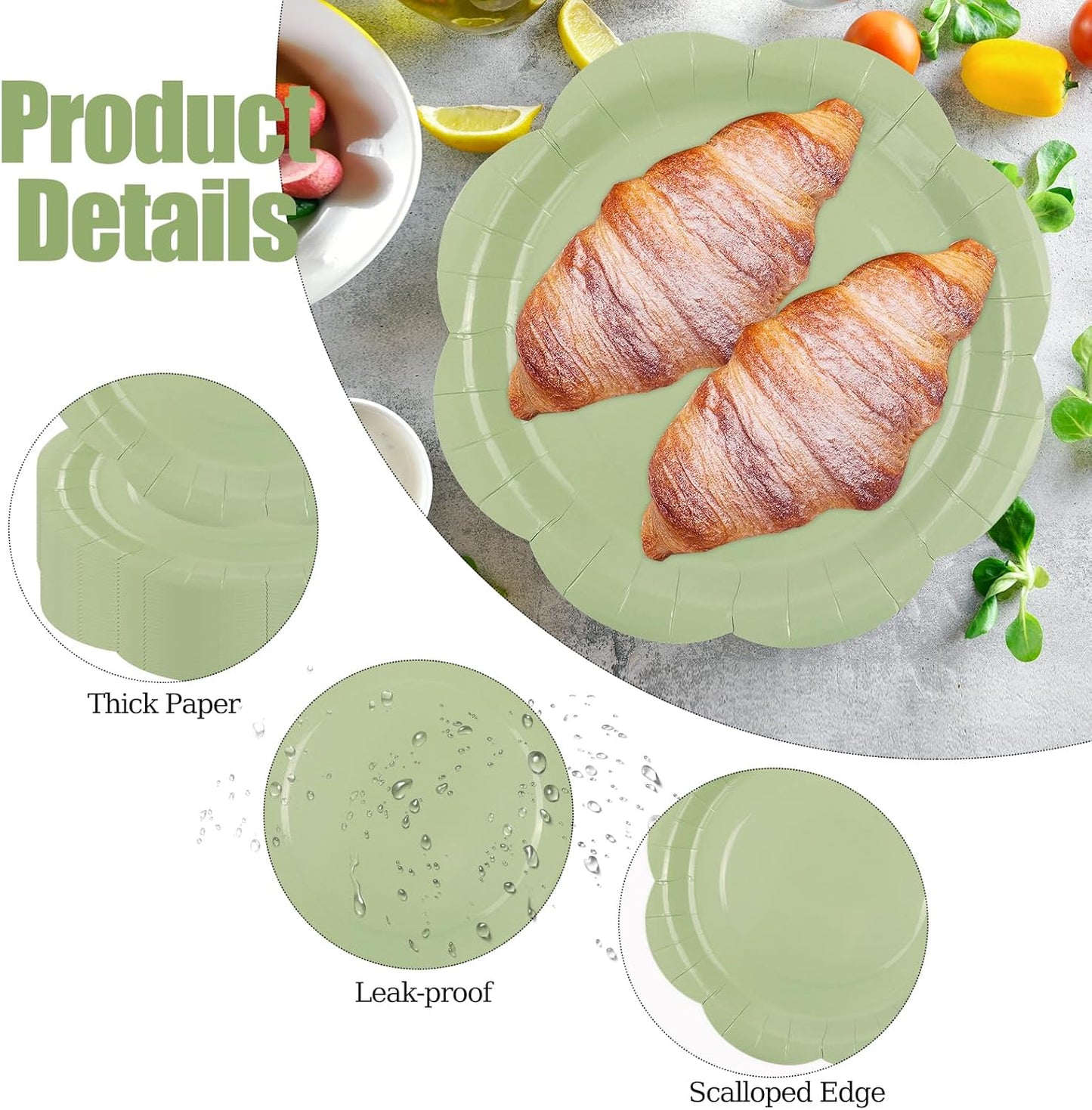 50 Pack Sage Green Paper Plates 7 Inch, Disposable Scalloped Plates Cake Dessert Plate for Dinner Baby Shower Wedding Bridal Shower Birthday Party Supplies (Sage Green, 7 inch)