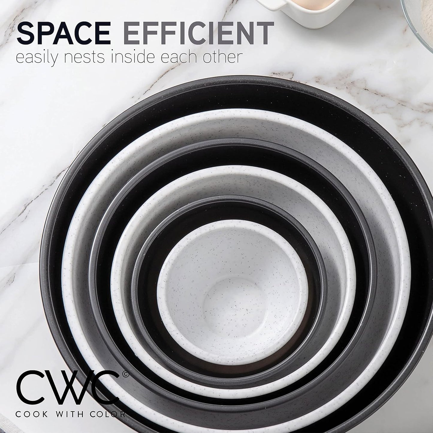 COOK WITH COLOR Mixing Bowls with TPR Lids - 12 Piece Plastic Nesting Bowls Set includes 6 Prep Bowls and 6 Lids, Microwave Safe Mixing Bowl Set (Black and White)