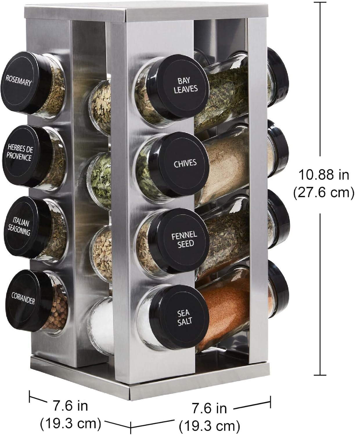 Kamenstein 16 Jar Heritage Revolving Countertop Spice Rack Organizer with Spices Included, FREE Spice Refills for 5 years, Brushed Stainless Steel with Black Caps