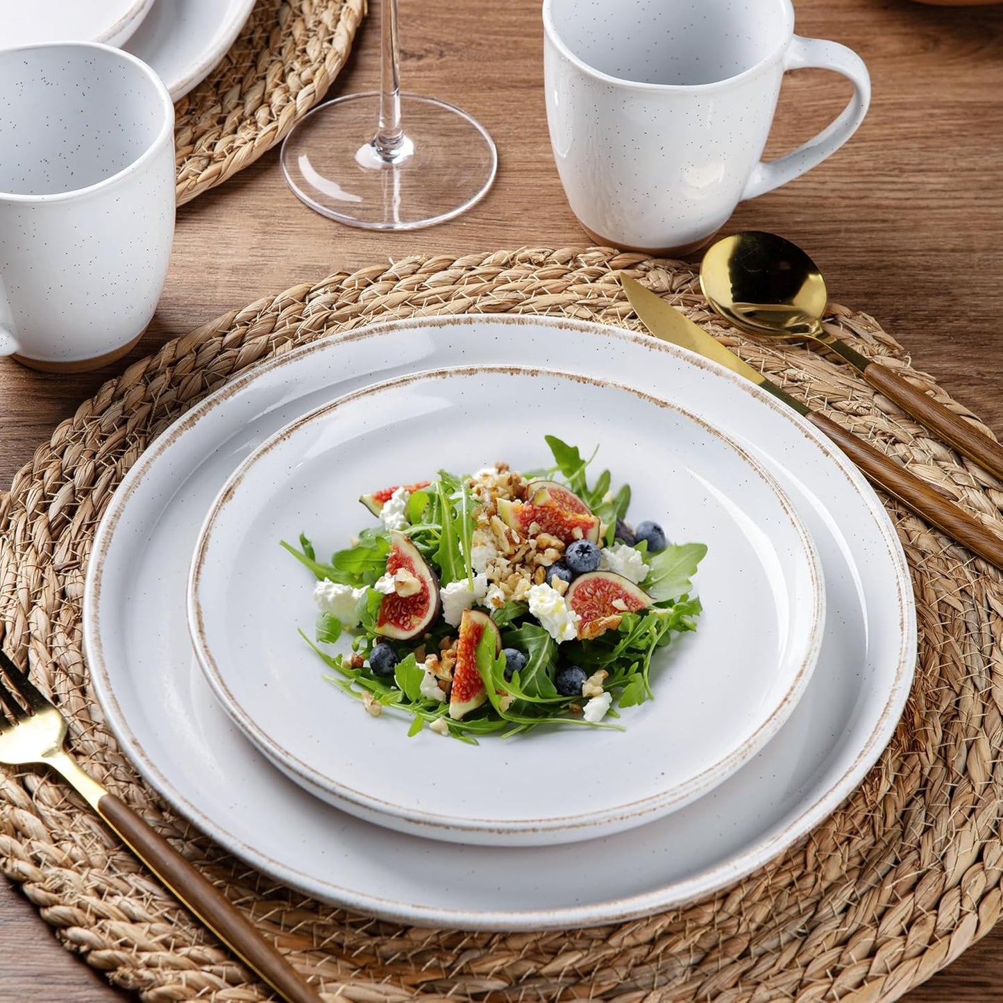 AmorArc Ceramic Dinnerware Sets for 4, 12 Pieces Handpainted Plates and Bowls Set with Rustic Terracotta Underside, Scratch Resistant Stoneware Dishes Set, Dishwasher & Microwave Safe, White