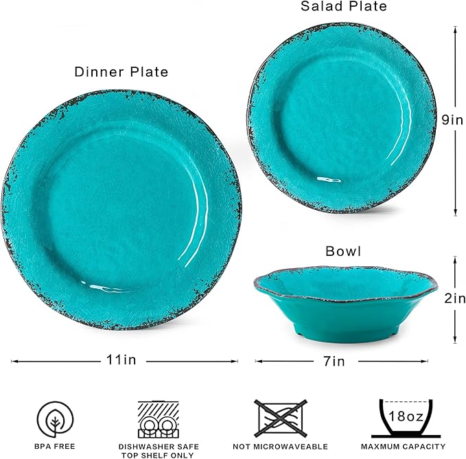 LEHAHA 12 Piece Vintage Melamine Dinnerware Sets Include 4 Dinner Plates, 4 Salad Plates and 4 Bowls Service for 4, Unbreakable Farmhouse Dishes and Bowls Suitable for Indoor and Outdoor Use Teal