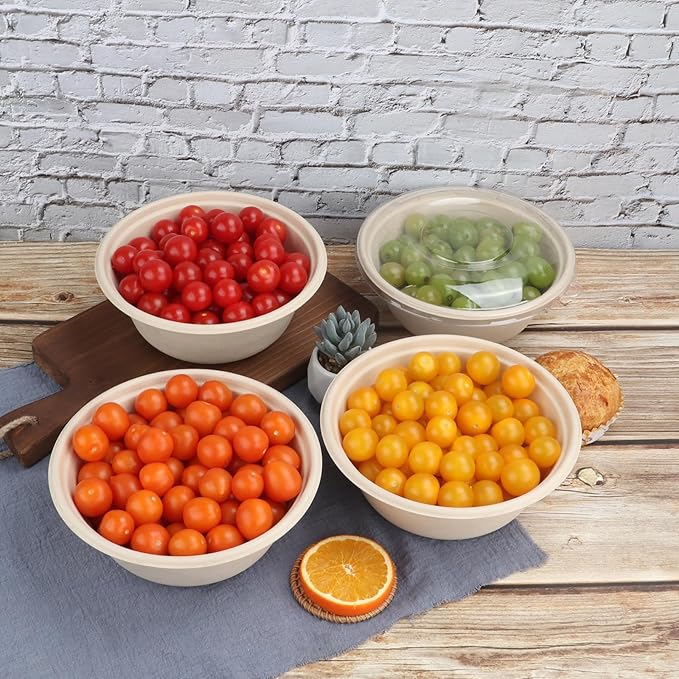 40 oz Disposable salad bowls with lids,Sugarcane Fiber Paper Bowls take away food containers Bagasse Plant Fibers Freezer Safe 25 Pack
