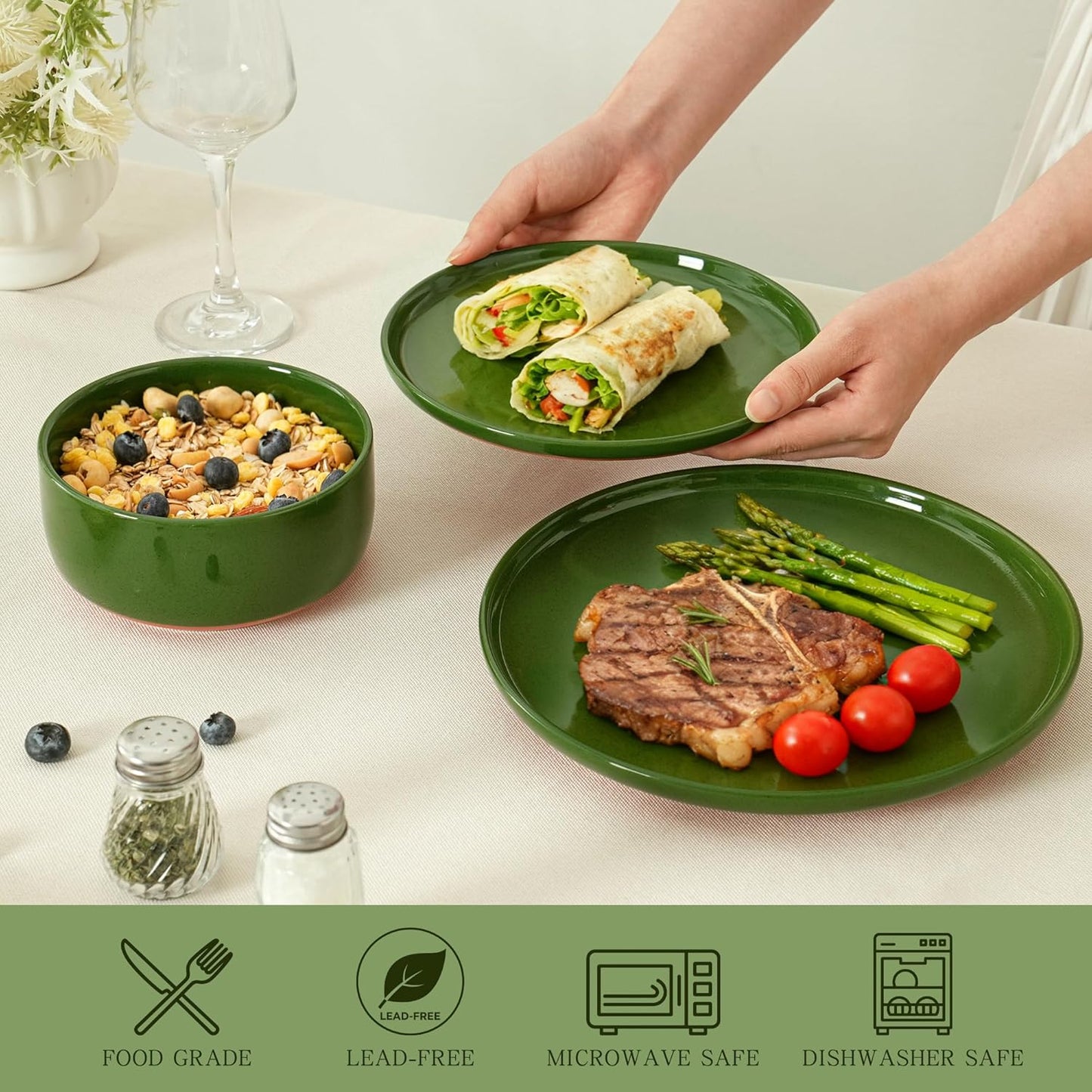 12 Piece Ceramic Dinnerware Set for 4, Modern Minimalist Stoneware Dinner Plates and Bowls, Microwave Safe, Dishwasher Safe, Versatile for All Seasons, Forest Glaze Green